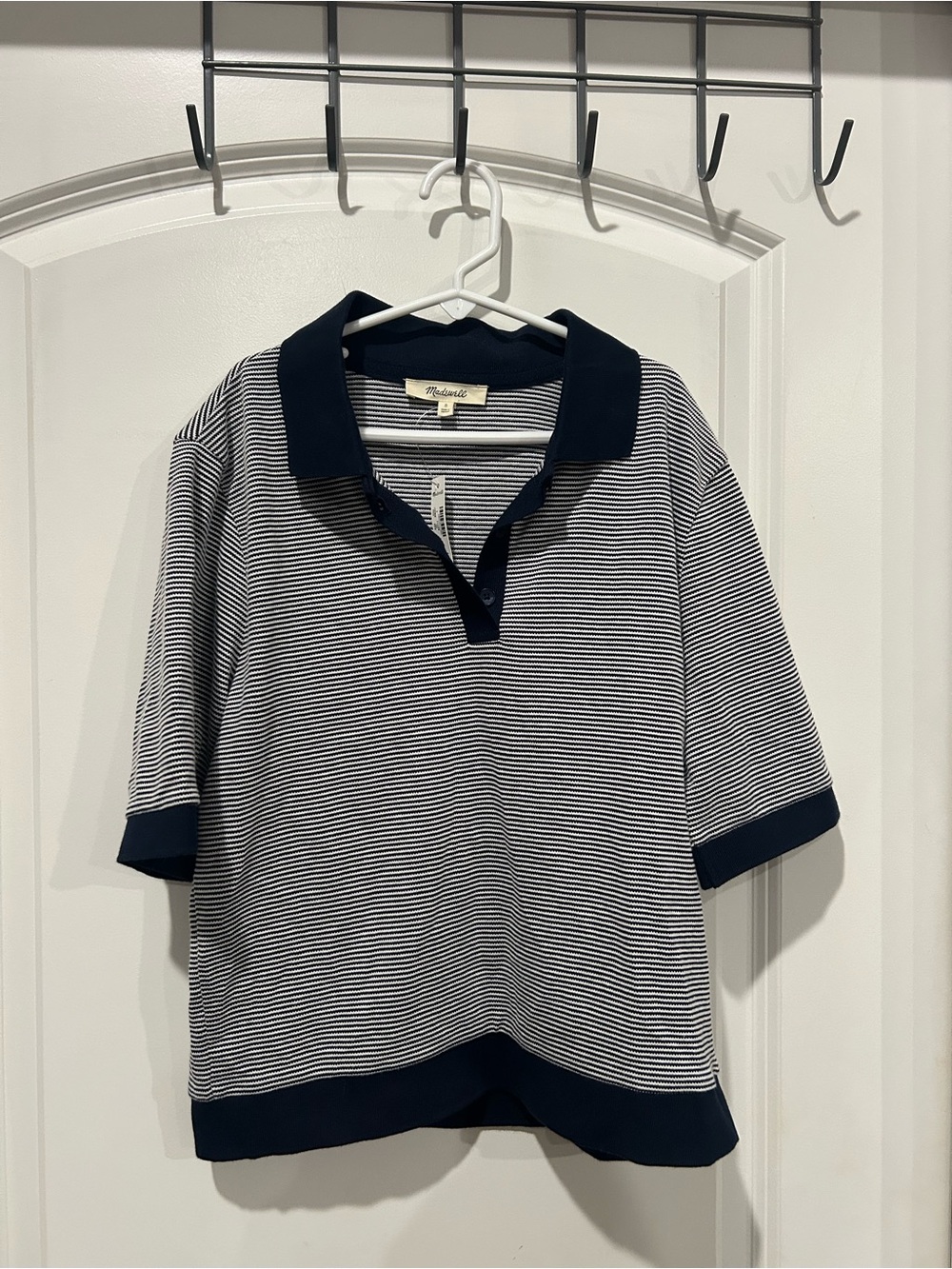 Madewell Women Navy & White Striped Polo Top